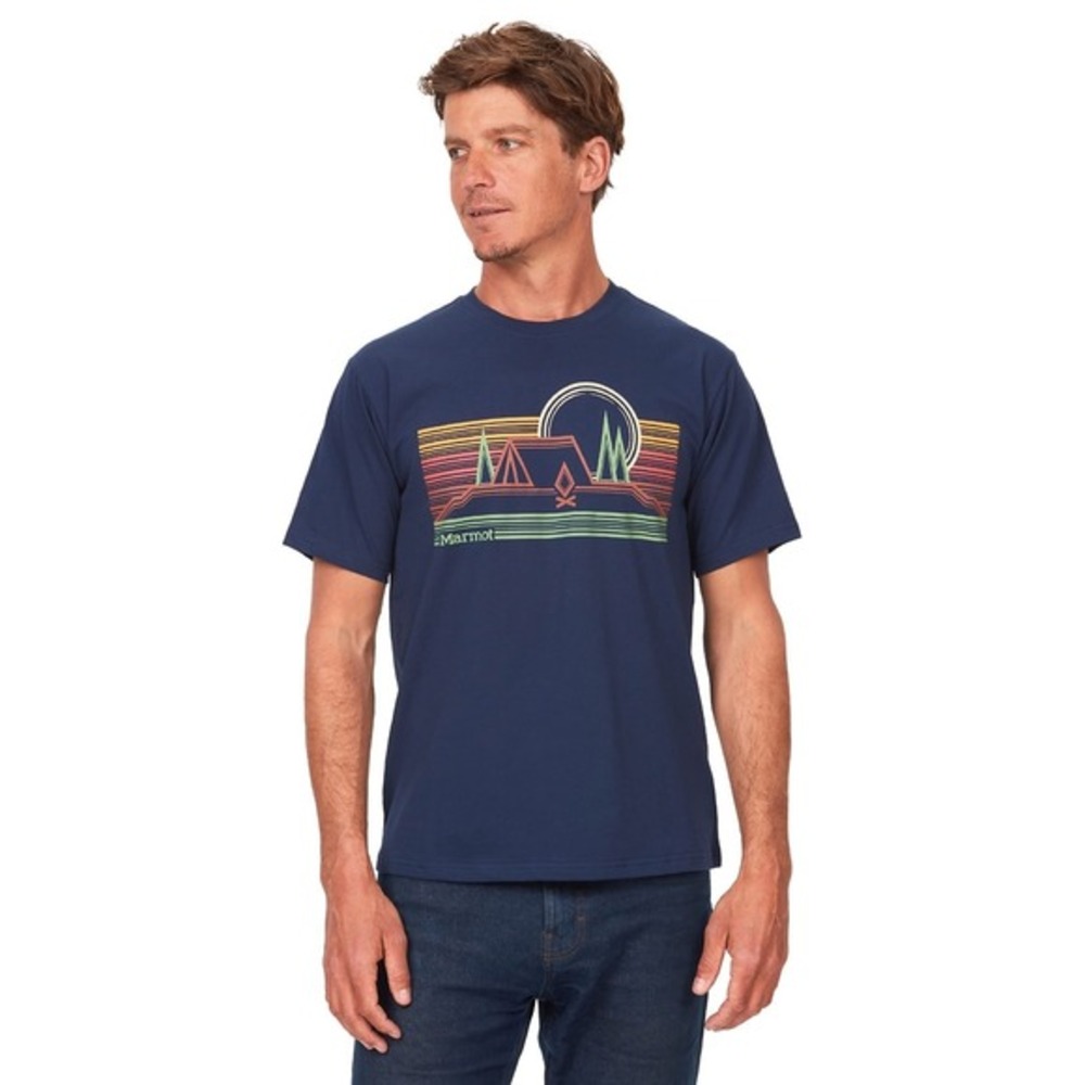 Marmot Men's‎ Small Bivouac Short Sleeve Tee T-Shirts Navy Blue Camping Sunset